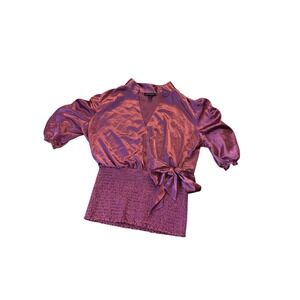 Ashley Stewart Womens Satin Wrap Blouse Pink Tie Front Puff Sleeve 18W